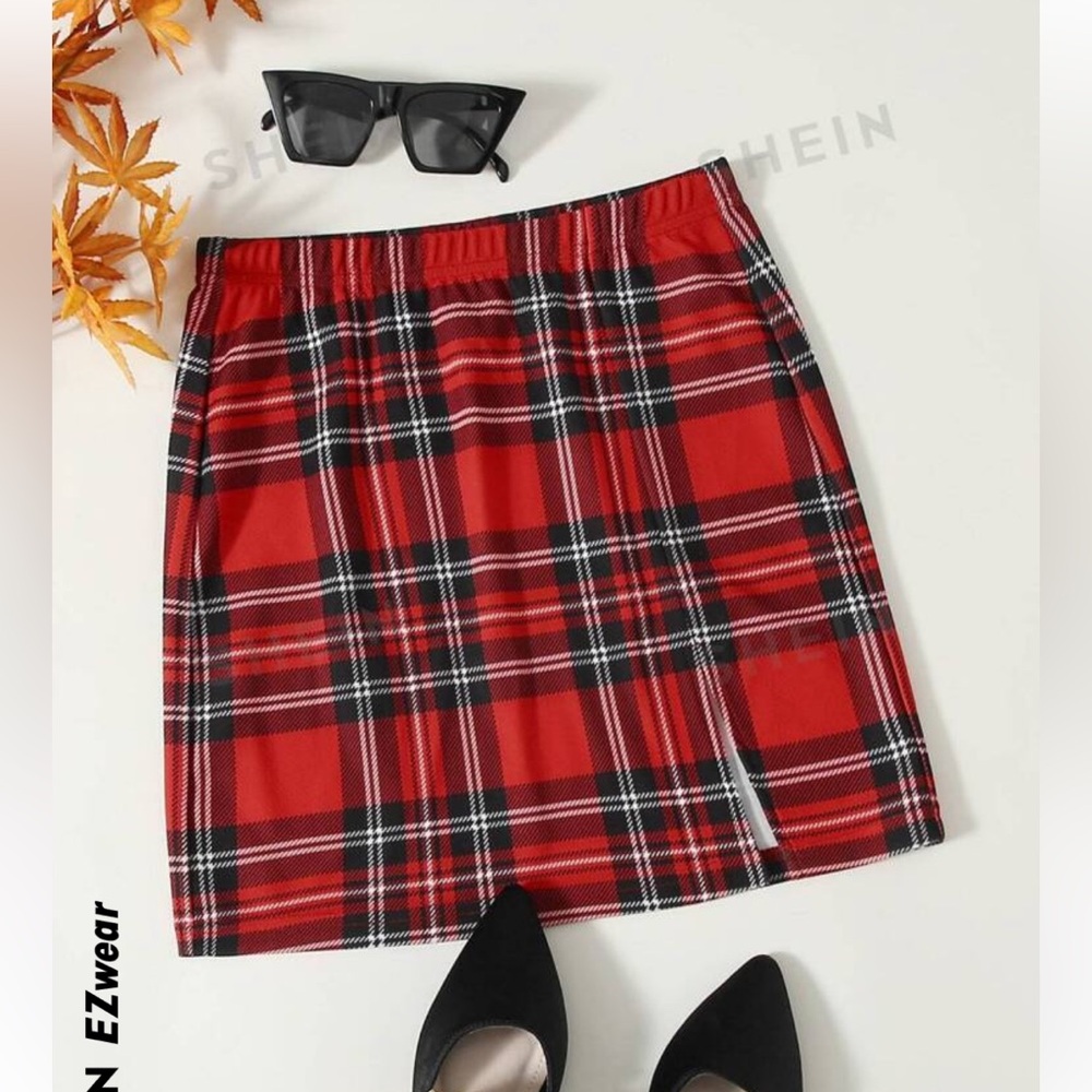 Red Plaid Split Detail Skirt